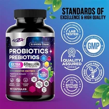Probiotics and Prebiotic Supplements -60 Billion Colony Unit Capsules