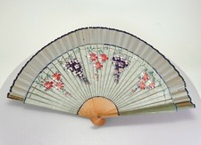 VTG Hand Painted Floral Wooden Handheld Folding Fan