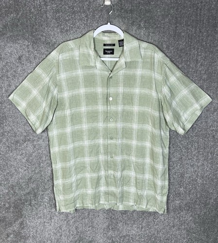 Haggar Washable Linen Shirt Mens Size Large Green Plaid Button Up Short Sleeve