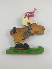 Vintage 1990 Mother Moose Skiing Moose Wooden Christmas Ornament 