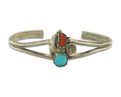 Navajo Bracelet 925 Silver Coral & Turquoise Cuff  Signed C.80's