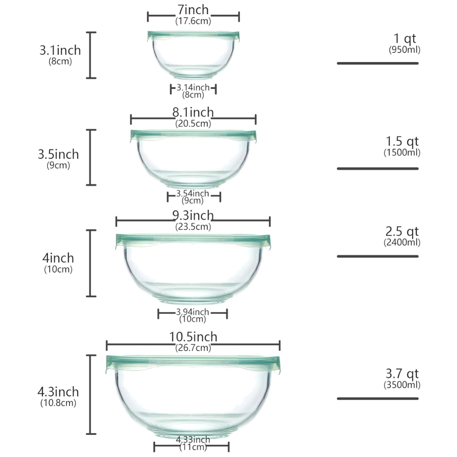 Glass Mixing Bowl Set with Airtight Lids, 8 Pieces