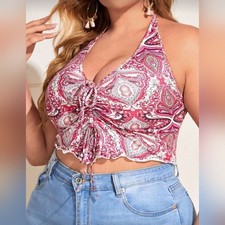 Women's sleeveless top with paisley print, bohemian style with halter neck.