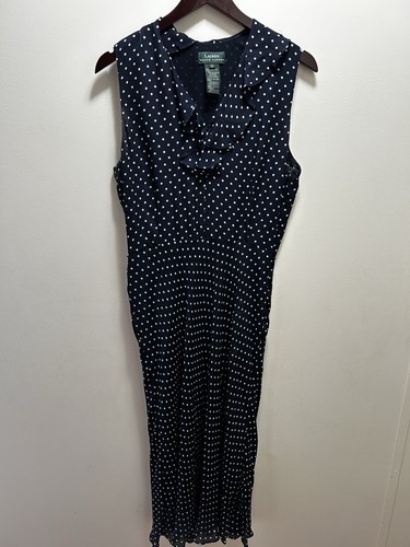 Ralph Lauren Midikleid Gr. 12 Marine Tupfen Gerafft Maritim Jackie O