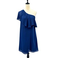 Cece 2 Navy Blue One Shoulder Ruffle Chiffon Back Zip Flirty Cute Mini Dress