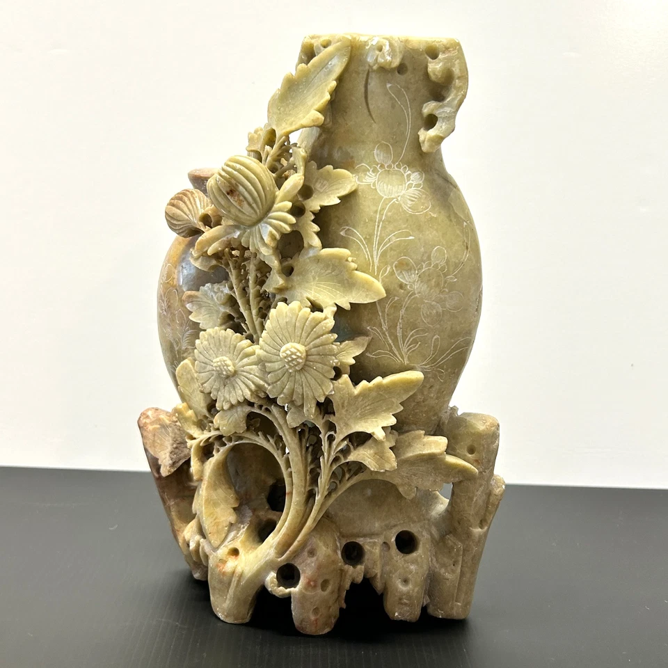 Jarrón doble florero chino vintage tallado a mano escultura Foto 3 de 4