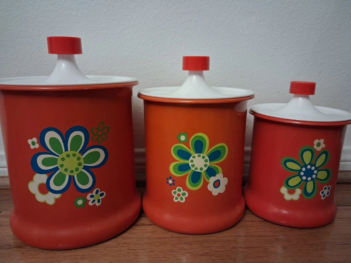 Vintage 60s 70s Kromex Orange Aluminum Canister Set of 3 Retro Mod