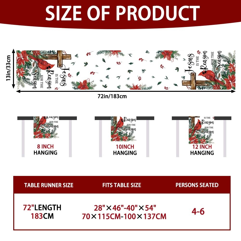 Christmas Cardinal Bird Table Runner 13x72 InchWinter Poinsettias Cross Plants
