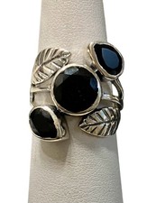 New 925 Sterling Silver Triple Stone Faceted Black Onyx Leaf Ring Size 6.25