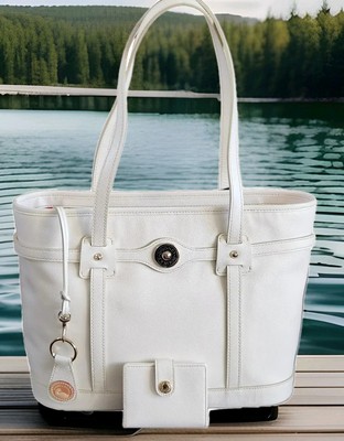 🌞DOONEY & BOURKE WHITE LEATHER LOGO LOCK TOTE BAG + WALLET + KEY