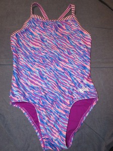Girls 1 Pc SWIMSUIT by DOLFIN Uglies Sz 12 - Pink/Purple/Blue Striped & Abstract