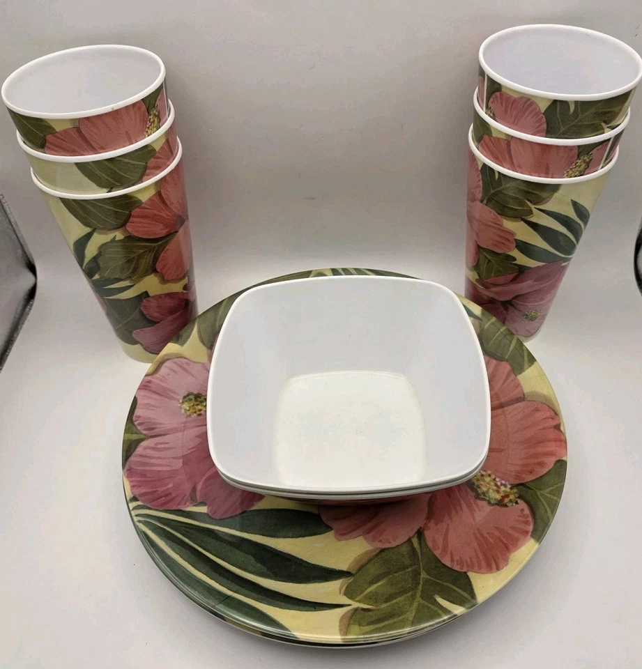 Juego de vajilla de hibisco de melamina de 14 piezas 6 tazas, 2 cuencos, 6 platos Foto 2 de 4