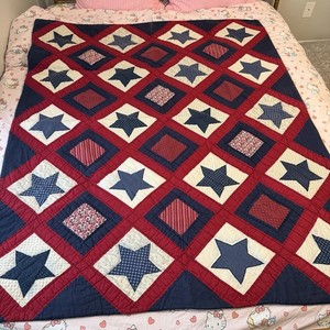 Vintage Handmade Red Blue Friendship Star Patriotic Lap Small Quilt Americana