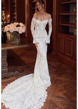 White Off the Shoulder Wedding Dress Long Sleeves Lace Bridal Gown Court Train