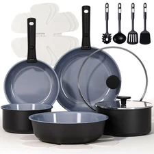17PCS Ceramic Cookware Sets, Black and Gray, Pots and Pans Set Non Stick Non ...