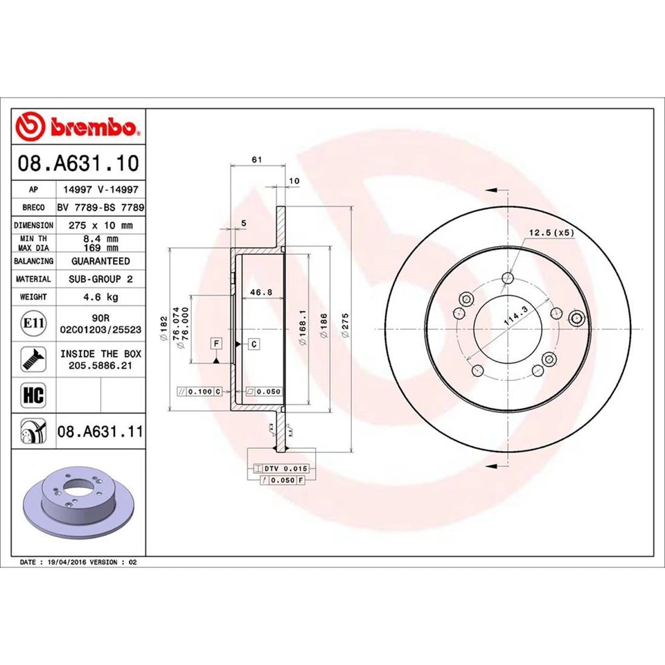 Se adapta a rotores de freno recubiertos traseros Kia Rondo 2007-2010 - Brembo Premium OE Foto 4 de 4