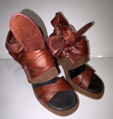 Free People Leather Block Sandals Ankle Wrap Straps Women's 37 US 7.5 Red/Brown