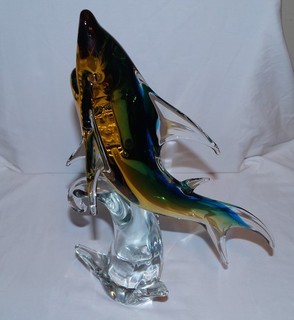 Large Blue Blown Glass Shark On Clear Glass Wave Sculpture Figurine 16 x 11”