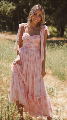 Francescas NWT Pink floral Ruffle Tiered Bow straps Corset smocked Maxi  dress XL | eBay
