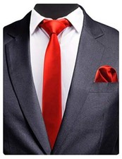 2.4" Slim Necktie and Handkerchief Set For Men Solid Skinny Tie Brooch Set Red