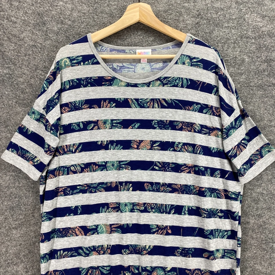 Top LuLaRoe Mujer S Pequeño Gris Rayas Manga Corta Túnica Floral Rayón Foto 2 de 4