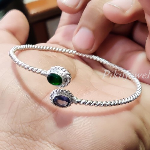 Bracciale rigido in argento sterling 925 con pietre preziose a taglio ovale... - Foto 8 di 8