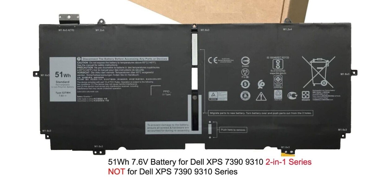 New 51Wh 7.6V Battery 52TWH for Dell XPS 9310 2-in-1 P103G002