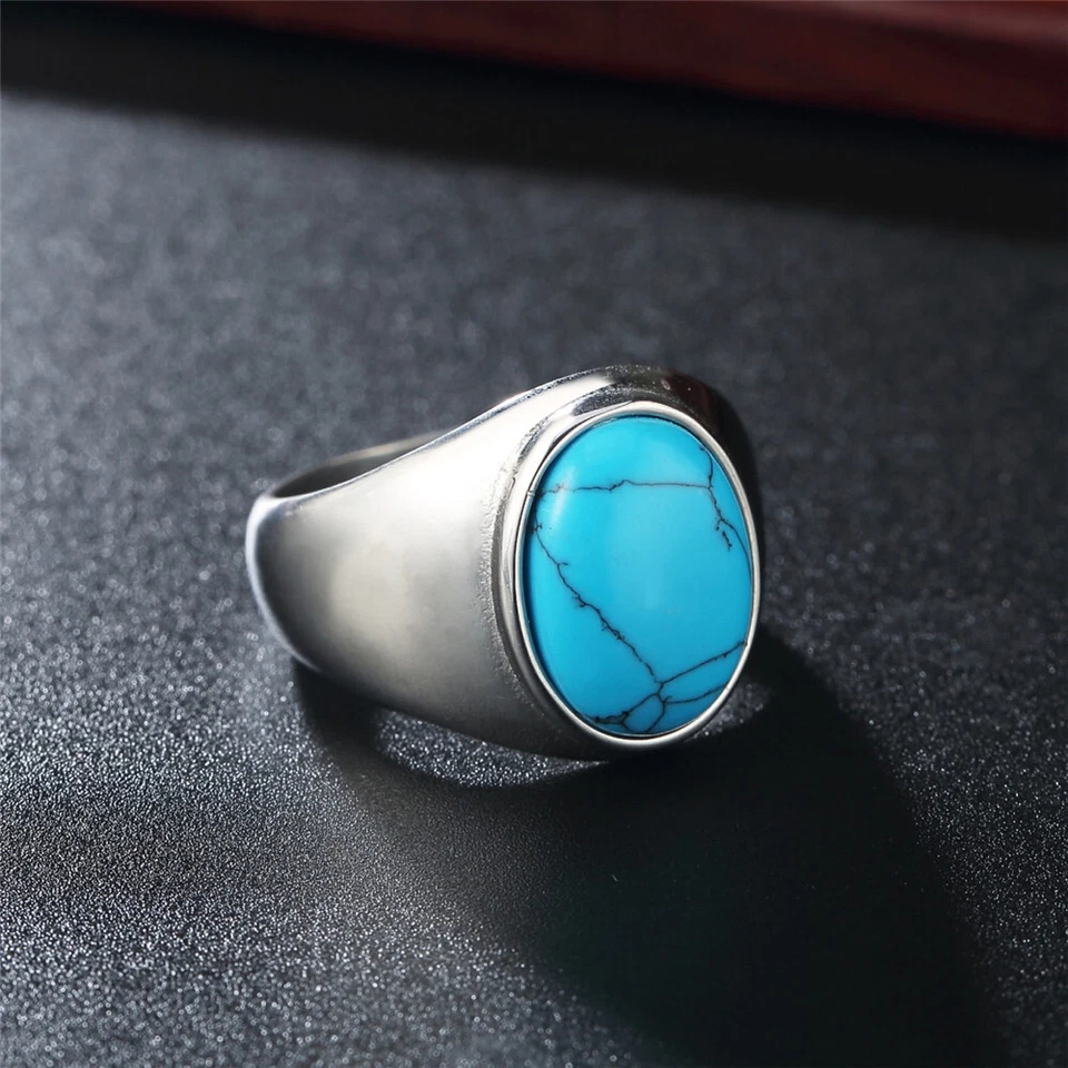 Anillo Turquesa Hombre Acero Inoxidable Ovalado Motociclista Regalo para Papá Novio Azul Negro Foto 3 de 4