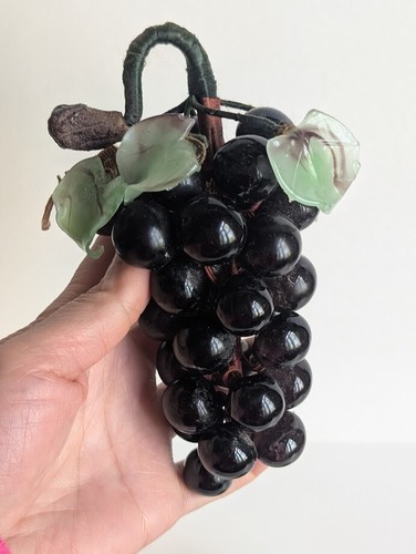 One Vintage Glass Grapes Cluster in Jade Green/Black w/ Green Glass Leaves - Picture 18 of 24