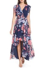 Eliza J EJ9-1112 Floral High/Low Faux Wrap Chiffon Dress Petite SZ 6P Navy