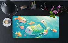 Cute Fish Desk Mat, Cute Fish in Green Pond, Kawaii Mouse Pad, Cute Desk Pad