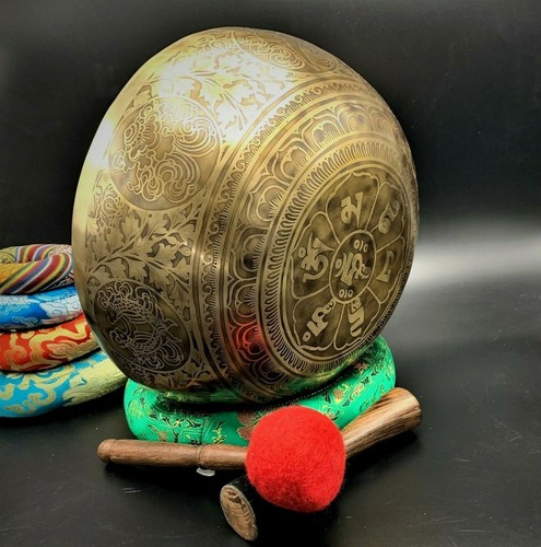12" Astamangala OM mane pad me hum-Tibetan mantra engrave singing bowl- - Picture 8 of 9