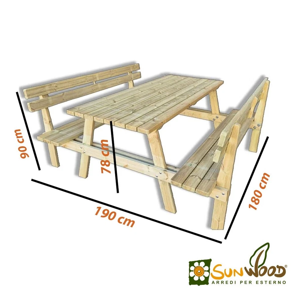 Tavolo da picnic legno 6 posti con panche integrate e schienale, 180x190x78h cm - Immagine 2 di 4