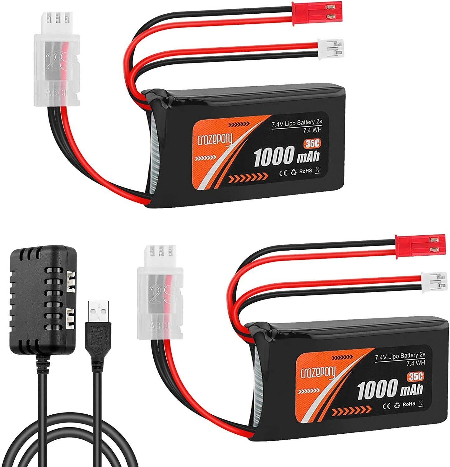 Winst houding Laboratorium 2Pcs 1000mAh 7.4V 2S Lipo Battery with PH2.0 & JST Plug 1 USB Charger for  WLtoys | eBay