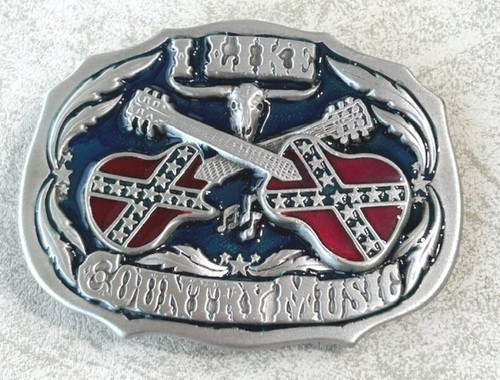 Vintage 80's Belt Buckle "I Like Country Music" 1853 Flag Guitars Enamel Silver - Picture 6 of 7