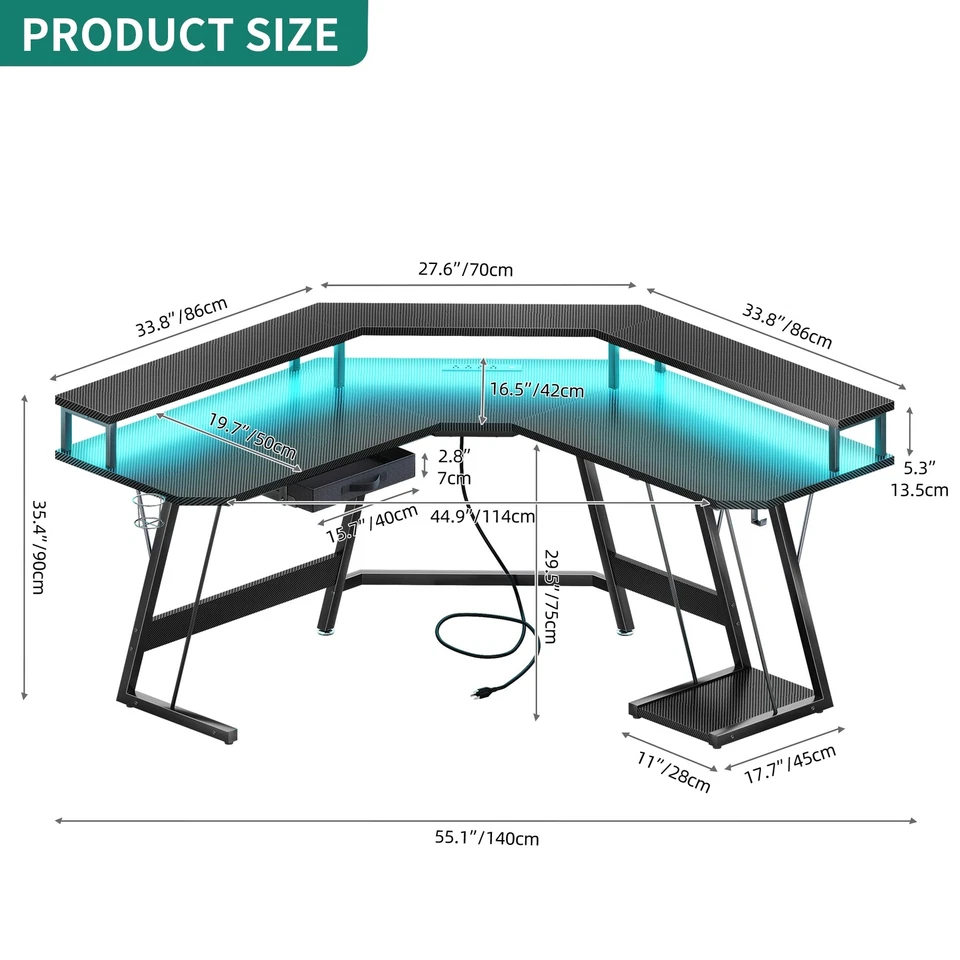L-Shaped Gaming Desk Corner Table Computer Desk with RGB Light & Power Outlets - Image 3 of 4