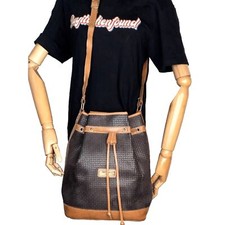 Ted Lapidus Paris Monogram Leather Drawstring Bucket Crossbody Shoulder Bag