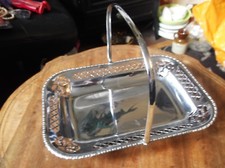 VINTAGE CHROME PLATED DISH & SWIVEL HANDLE PRETTY PIERCED RIM AND 4 BALL FEET