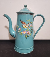 Antique 1920s Etoile Enamelware Hand painted Blue Coffee Pot French Kitchen