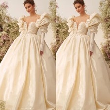 Vintage Light Champagne Short Sleeves Wedding Dresses Satin A Line Bridal Gowns