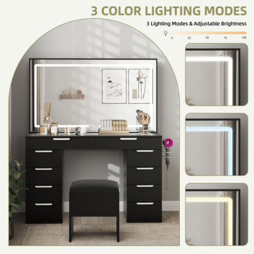Makeup Table 10 Drawers Glass Tabletop Vanity Desk Mirror LED Light w/ Power Hub - Picture 5 of 10