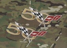 CORVETTE RACEING Silver-THREAD VETTE 50-YEAR ANNIVERSARY iron-on 7" 2-PATCH SET