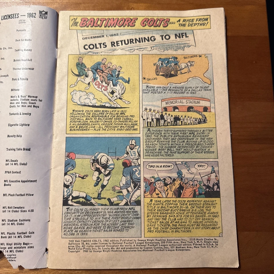 ¡VINTAGE! Cómic de los Baltimore Colts 1962 ¡La NFL incluye a Johnny Unitas! Foto 4 de 4