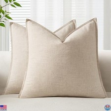 22x22 Inch Beige Linen Throw Pillow Covers - Pack of 2 Boho Farmhouse Accent