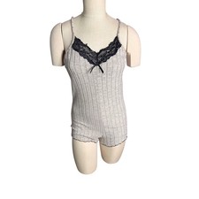 Unbranded Ribbed Romper Bodysuit Medium Gray Butterfly Lace Coquette Y2K