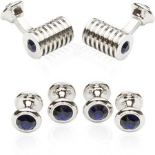 Men's Silver Blue Crystal Cufflinks and Studs Tuxedo Shirt Formal Set with Je...