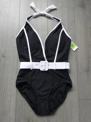 M&S MARKS & SPENCER BLACK MIX BELTED SECRET SUPPORT SWIMMING COSTUME UK SIZE 12