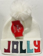 HOLIDAY TIME WOMEN'S JOLLY BEANIE HAT IVORY FAUX FUR POM CHR4 