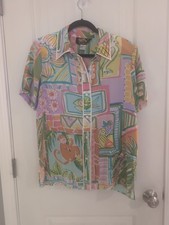 Vtg Bob Mackie Wearable Art Women's Size S Bright Tropical Silk Artsy Blouse