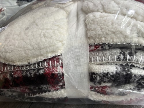 Pottery Barn Lodge Plaid Sherpa Backed Throw 50” X 60” Red/Black/White New - Picture 6 of 6